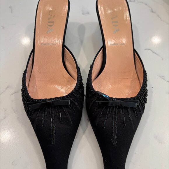 Prada Vintage Beaded Bow Satin Mule Heels Size 37 - Picture 1 of 10